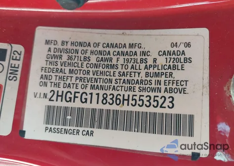 2006 Honda Civic Ex z USA, uszkodzony, nr VIN 2HGFG11836H553523